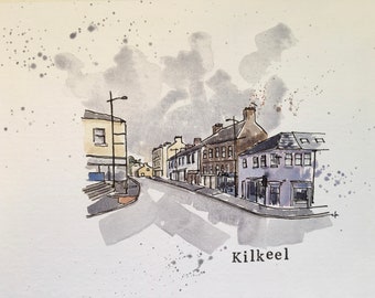 Kilkeel County Down NI originele aquarel- en inktschildering op a4 350gsm aquarelpapier