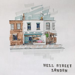 Well street kitchen, London, original Promarker and ink drawing on A4 70gsm Promarker paper