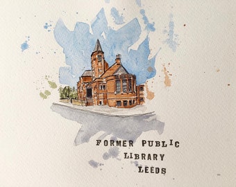 Holbeck Free Public Library, Leeds, England original watercolour and ink painting on a4 300gsm watercolour paper