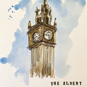 May include: A watercolor painting of a clock tower with a blue sky background. The clock tower has a pointed roof and a clock face with Roman numerals. The text "THE ALBERT CLOCK" is written below the tower.