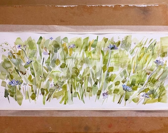 May include: Watercolor painting of a field of blue wildflowers with green foliage. The flowers are painted in a loose, impressionistic style.