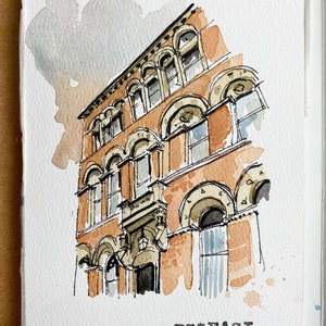 Belfast, Bedford street (NI) original ink and watercolour painting on 12.5x18cm 300gsm watercolour paper