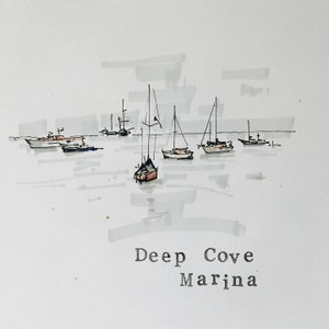 Deep Cove Marina, original ink & Promarker illustration on A4 75gsm Promarker paper
