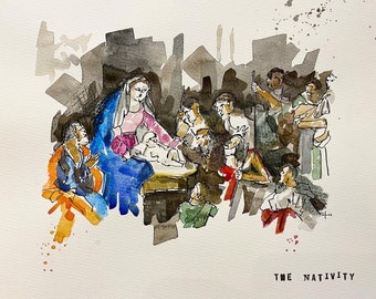 The Nativity in Indian ink and watercolour paint and watercolour pencil on 20x16” 300gsm watercolour paper