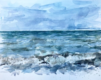 May include: A watercolor painting of a stormy sea with blue and gray waves crashing against the shore. The sky is a light blue with gray clouds.