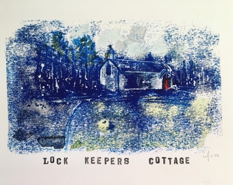 Lock Keepers Cottage, Shaws Bridge, Belfast (NI) monoimpresión original y lavado de acuarela en papel A4 220gsm liso de peso pesado