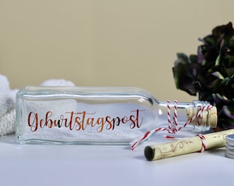 Geburtstagspost Glas - Wunscherfüller - Kreative Karte - Geldgeschenk Kind - Flaschenpost Urkunde personalisiert - Happy Birthday Schriftzug