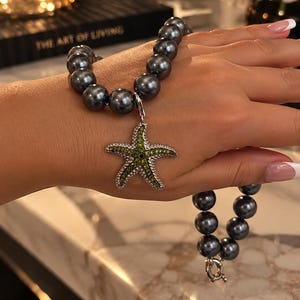 Dark Gray Shell Pearl Necklace, Removable 925 Sterling Silver Starfish Pendant (12mm Shell Pearls)