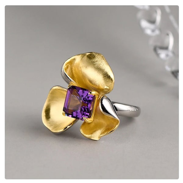 Exquisite Orchid Flower Ring 925 Sterling Silver 18K Yellow & White Gold Plated with Amethyst Unique Designer Jewelry from Orchid Collection