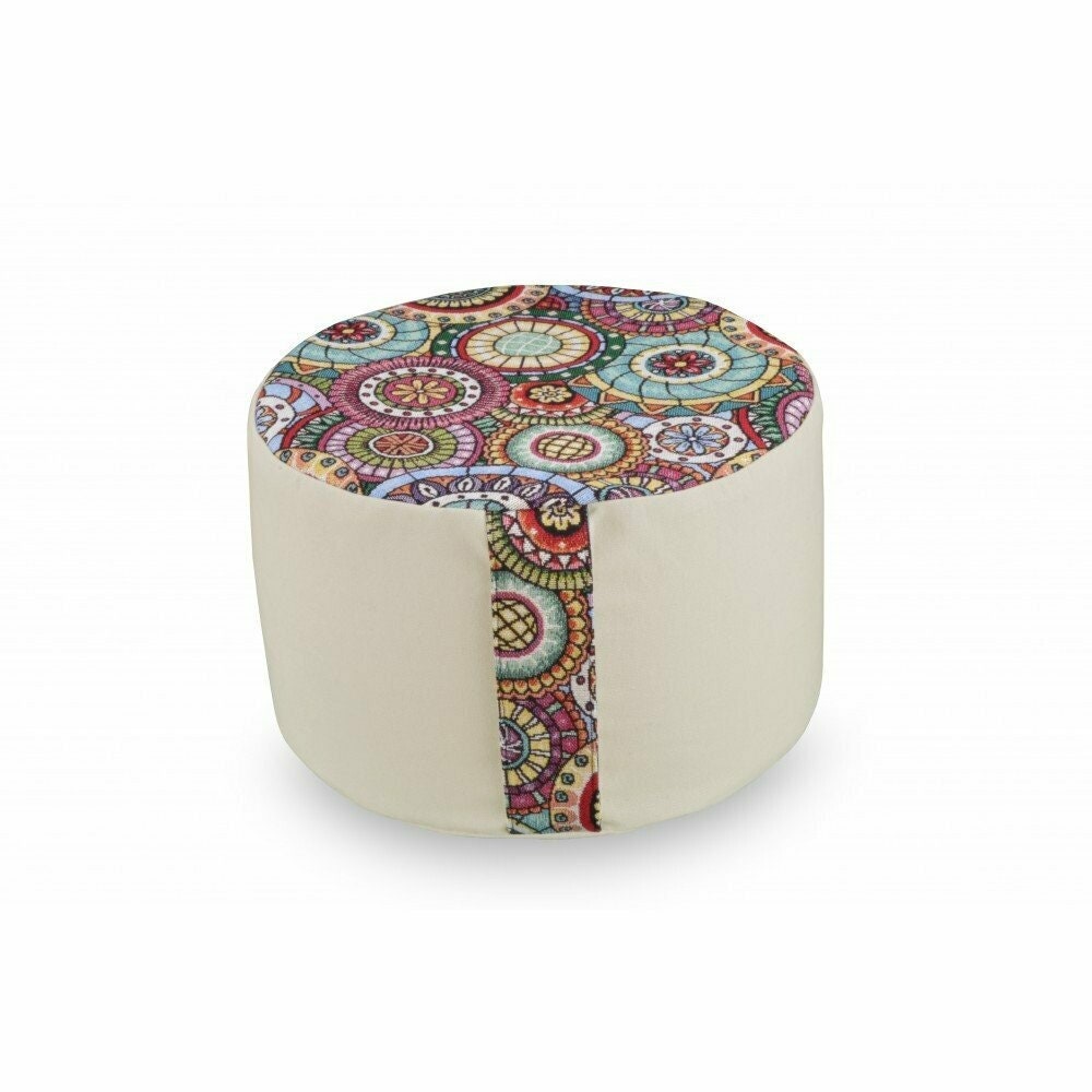 Pouf Mandala Lin/Coussin Siège de Salon Artisanat Français Fait Main Coton Oeko-Tex et Balle d'épeau