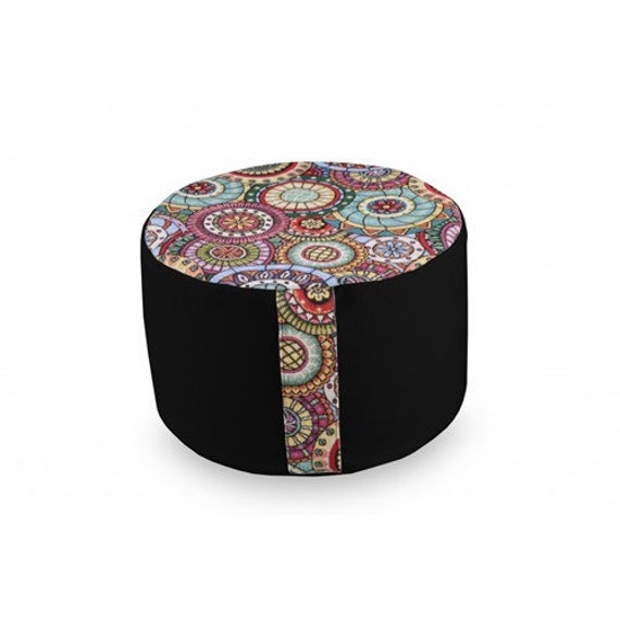 Pouf Mandala Noir en Coton/Coussin Siège de Salon Artisanat Français Fait Main Coton Oeko-Tex et Bal