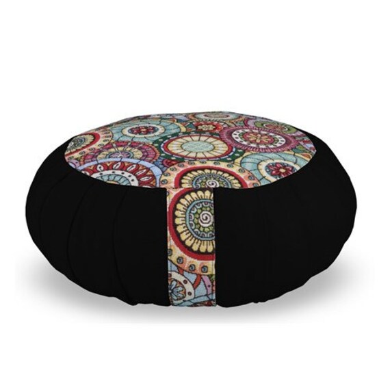 Zafu Mandala Noir/Coussin de Méditation, Sol et Yoga Artisanat Français Fait Main Coton Oeko-Tex Gar