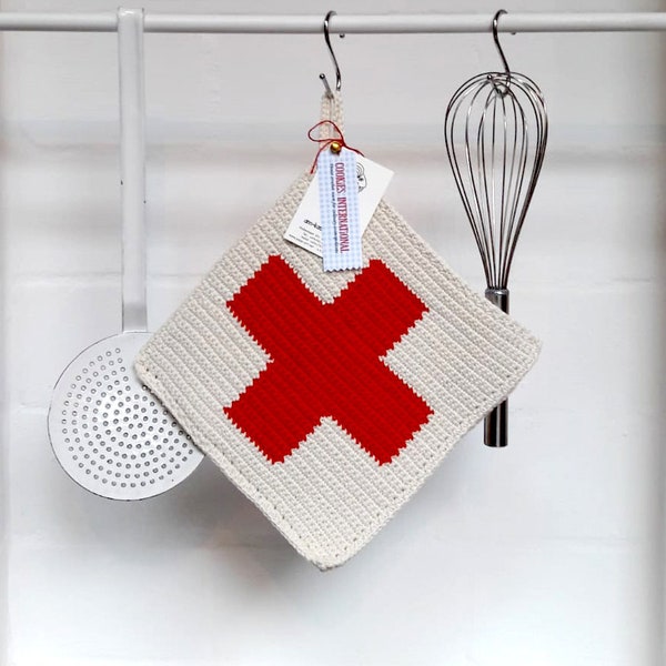 1 Paar Topflappen Rotes Kreuz, Baumwolle, gehäkelt