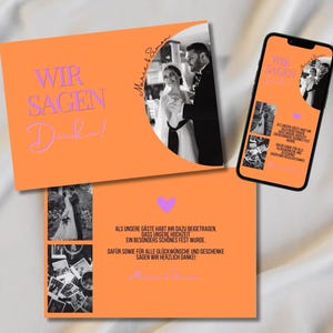 Plantilla de tarjeta de agradecimiento de boda | invitación de fiesta colorida e inusual | tarjeta individual | naranja morado | descarga digital | teléfono inteligente
