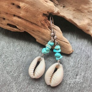 earrings turquoise steel and cowry shell