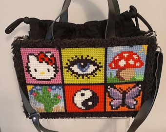 Kawaii Cross Stitch Magic Tote Bag /Colorful Cross Stitch Aesthetic Bag  for Teenage Girls/ Hand Made Bag/ Novelty Purse/
