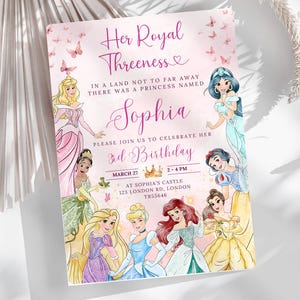 Editable 3rd Princess Birthday Invitation Pink Princess Invitation Her Royal Threeness Invitation Princesses Theme Invite Watercolor Invite