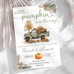 A Little Pumpkin Is On The Way Fall Boy Baby Shower Invitation, Truck Boy Baby Shower Editable Invite Template, Autumn Shower, Pumpkin Truck