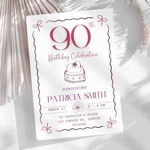 Editable 90th Birthday Party Invite, Simple 90th Birthday Invitation, Ninety Birthday, Brunch Birthday Invitation, Digital Download, DIY