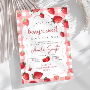 Strawberry Baby Shower Invitation, Editable Pink Baby Shower Invite, Printable Berry Sweet Baby Shower Canva Template, Digital Download