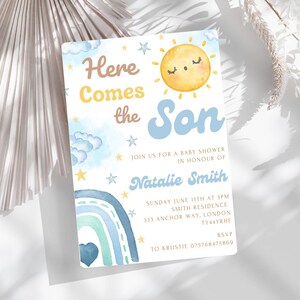 Here Comes The Sun babyshower bewerkbare uitnodiging | Hier komt de zoon-uitnodiging | Digitale uitnodiging babyshower | Uitnodiging babyshower