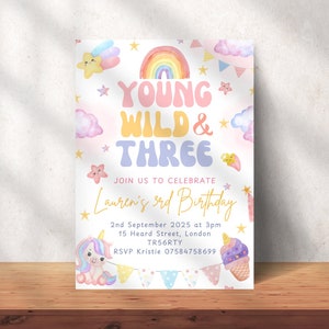 Invitation modifiable Young Wild and Three | 3ème invitation d'anniversaire pastel | Fête du 3e anniversaire modifiable | Young Wild et Three Birthday Digital