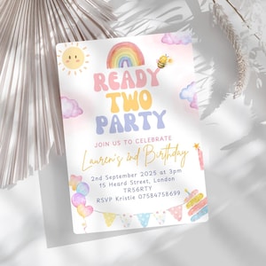 Ready Two Party Invitation Template, Girl 2nd Birthday Invite, Spring Party Invitation |  Retro Invite | Digital Download