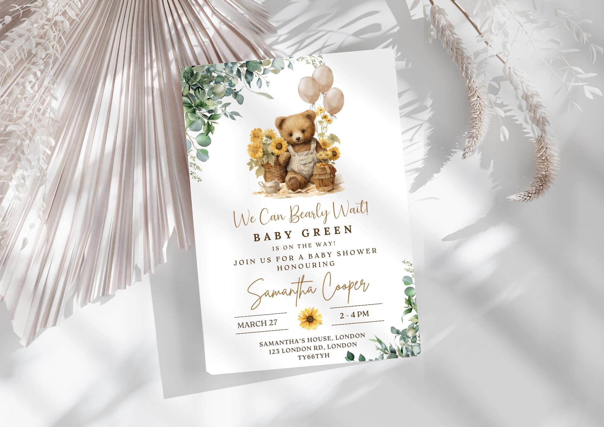 Editable Gender Neutral Bear Baby Shower Invitation, Minimalist Vintage We Can Bearly Wait Baby Shower Invite, Brown Boho Bear Invite DIY