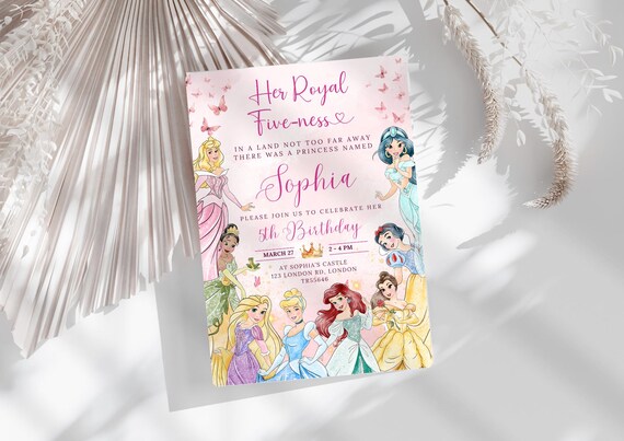 Editable 5th Princess Birthday Invitation Pink Princess Invitation Her Royal Fiveness Invitation Princesses Theme Invite Watercolor Invite