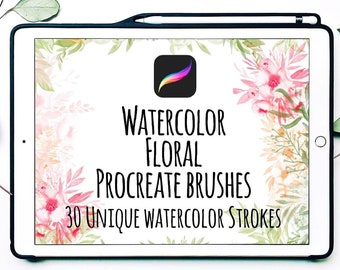 May include: A digital tablet displaying a graphic for watercolor floral Procreate brushes. The graphic features a floral design with pink and white flowers and green leaves. The text on the graphic reads "Watercolor Floral Procreate Brushes 30 Unique Watercolor Strokes".
