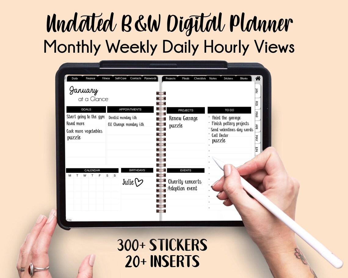 Black and White Digital Planner, Undated Digital Planner for Tablets ...