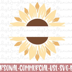 Peut inclure: Illustration numérique d'un tournesol divisé en tons jaunes et bruns. Le design comprend le texte "PERSONAL • COMMERCIAL • USE • SVG • PNG", indiquant son utilisation possible.