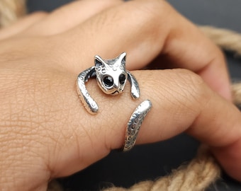 Cat ring, 925 sterling silver, handmade, adjustable silver cat ring, animal ring, gift.