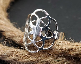 Seed of life ring, 925 sterling silver, adjustable ring, handmade, flower of life ring, unisex ring, mandala ring, gift.