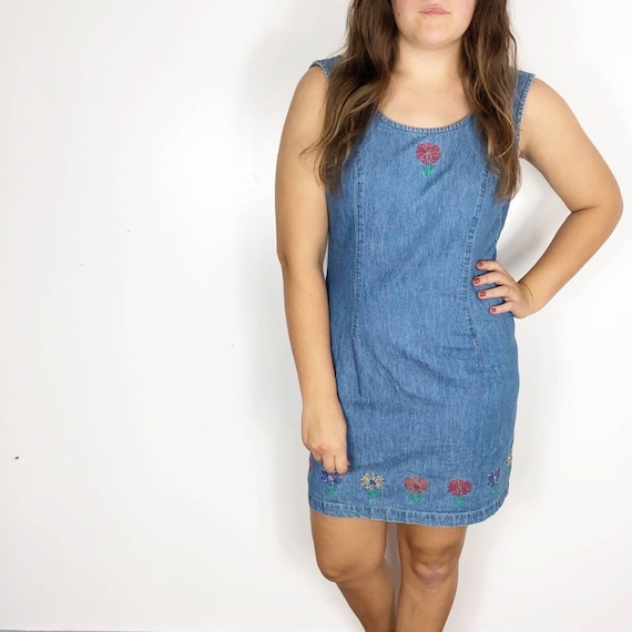 VINTAGE Blue Denim Floral Embroidered Jumper Dress
