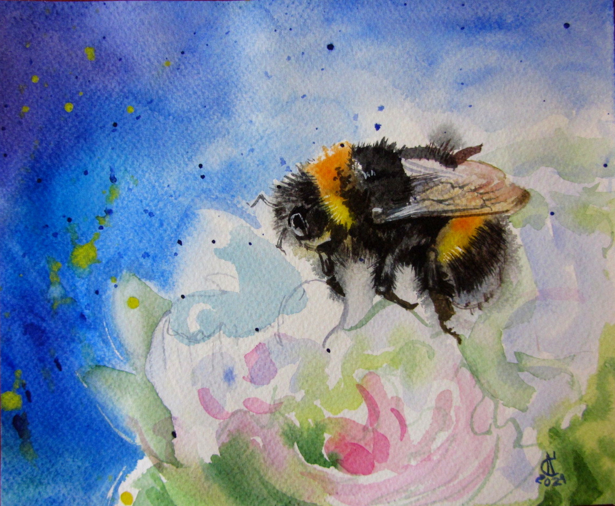 Honey Bee Painting Bumblebee Flower Original Art Insect | Etsy