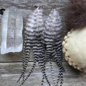 Long Black & White Stripe Feather Earrings, Feather Earrings, Boho Feather Earrings, Boho Earrings, Long Feather Earrings, Handmade Earrings