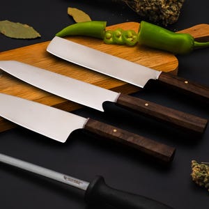 NEXT DAY SHIP Handmade Chef&#39;s Knife Set 5 Piece Walnut Wood Handle Kitchen Knife Wedding Anniversary Gift for Husband, Father Mother and Son