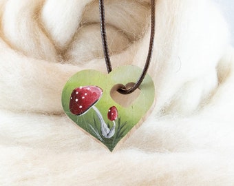 Red mushroom necklace hand painted, wood heart shaped pendant with mushroom, fungus fungi lover, mushroom accessory, mini painting mushroom