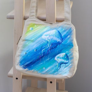 Hand-Painted Jellyfish Canvas Handbag: Ocean Wildlife Shoulder Bag
