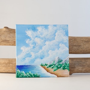 River painting original on mini canvas, Summer landscape on small canvas, White clouds acrylic painting, Beach home mini painting,