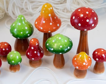 Wooden mushroom hand painted, Colorful mushrooms shelf decor, Fall cottage style decor, woodland fungi, wood mushroom , mushrooms set