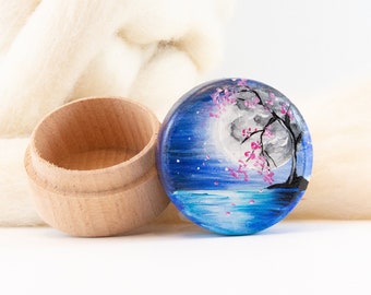 Full moon with cherry blossom mini box hand painted, Small round wooden box moon reflection, Japanese cherry tree, jewelry box