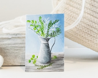 Wildflowers in pitcher mini canvas, Original painting flowers bouquet in tin can, Farmhouse small decor, Cottage style tiny art Rustic decor