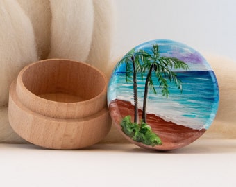 Mini wood box hand painted with tropical beach, Tiny round box ocean, Jewelry box coastal, ring dish, small keepsake box with painted top