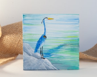 Great Blue heron original painting, Heron bird acrylic on canvas, Seabird miniature canvas, Gift for bird lover, Coastal bird art, Nautical