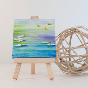Mini canvas water lilies on pond, Impressionist painting water lilies, Monet inspired water lilies, Miniature lily pads pond painting,