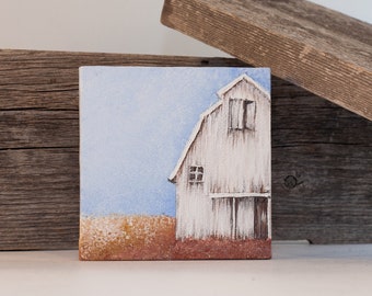Barn painting on mini canvas, Farmhouse small painting, White barn acrylic painting Country view mini canvas Rustic farmhouse small painting