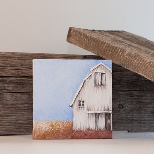 Barn painting on mini canvas, Farmhouse small painting, White barn acrylic painting Country view mini canvas Rustic farmhouse small painting