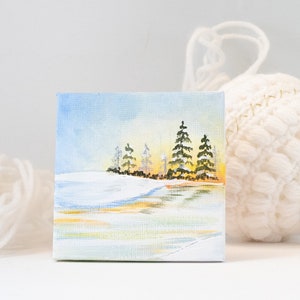 Winter Pine Tree Landschaftsmalerei: 3&quot;Mini Leinwand Kunstwerk